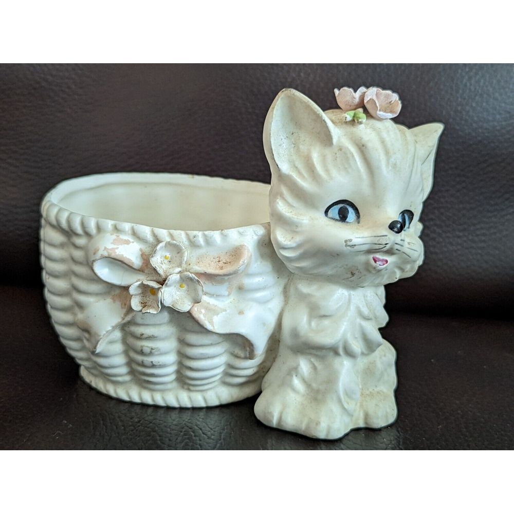 Vtg Lefton White Kitten Kitty Cat Planter Bow Blue Eyes Vase Anthropomorphic MCM